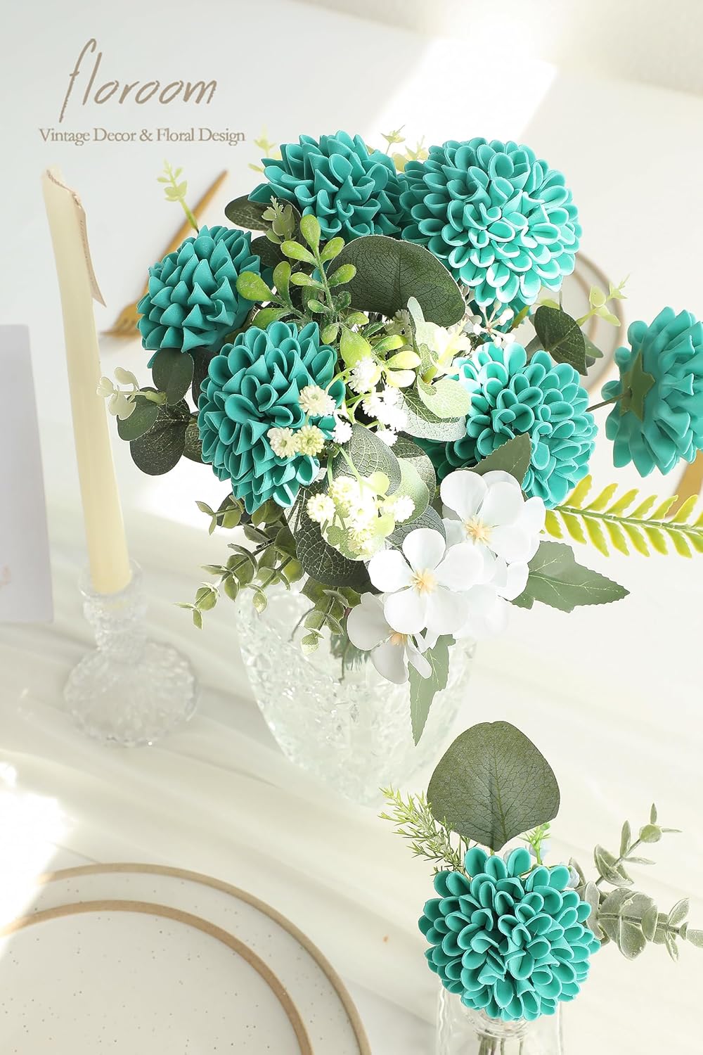 Floroom Artificial Dahlia Flowers 25pcs Real Looking Teal Green Foam Fake Roses with Stems for DIY Wedding Bouquets Bridal Shower Centerpieces Floral Arrangements Party Tables Home Decoration