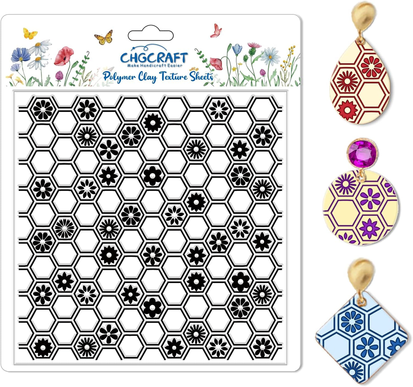CHGCRAFT Honeycomb Pattern Polymer Clay Texture Sheet Flowers and Hexagonal Silicone Texture Mat for Polymer Clay Making Earrings Jewelry DIY Crafts 5.5 × 5.5 Inch