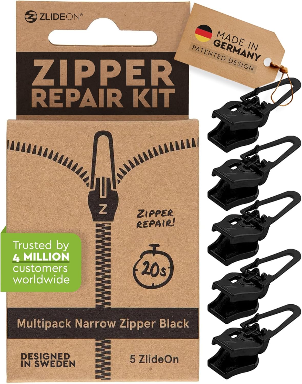 ZlideOn Zipper Pull Replacement - 5pcs, Black, Narrow - Instant Zipper Replacement Slider Multipack