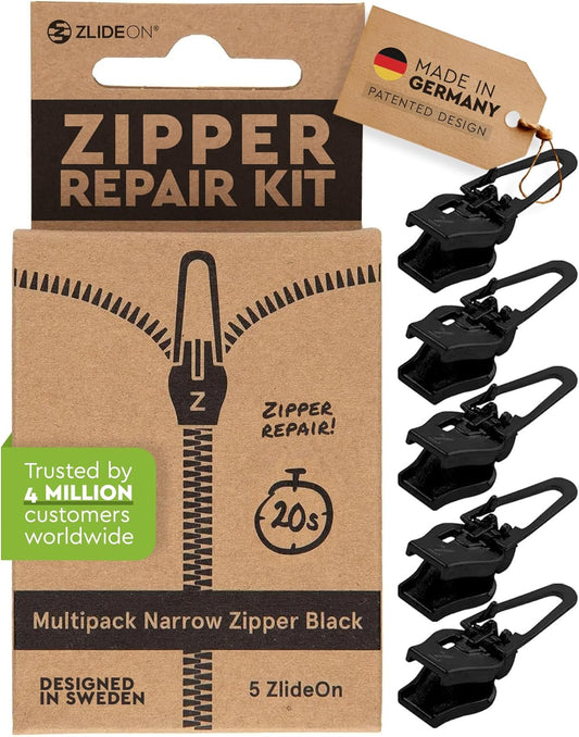 ZlideOn Zipper Pull Replacement - 5pcs, Black, Narrow - Instant Zipper Replacement Slider Multipack