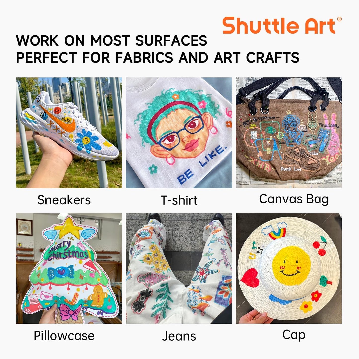 Shuttle Art 36 Colors Fabric Markers, Permanent Shirt Markers for Clothes Sneakers Jeans with 11 Stencils 1 Fabric Sheet, Fabric Pens for Kids Adult Painting Writing