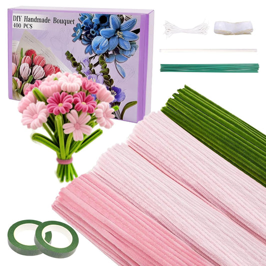 Rarapop 400 Pcs Pipe Cleaners Bulk Chenille Stems for DIY, 4 Assorted Colors Flower Making Kit with Floral Wires, Gardening Tape,Stamen and Ribbon for Art and Craft Projects