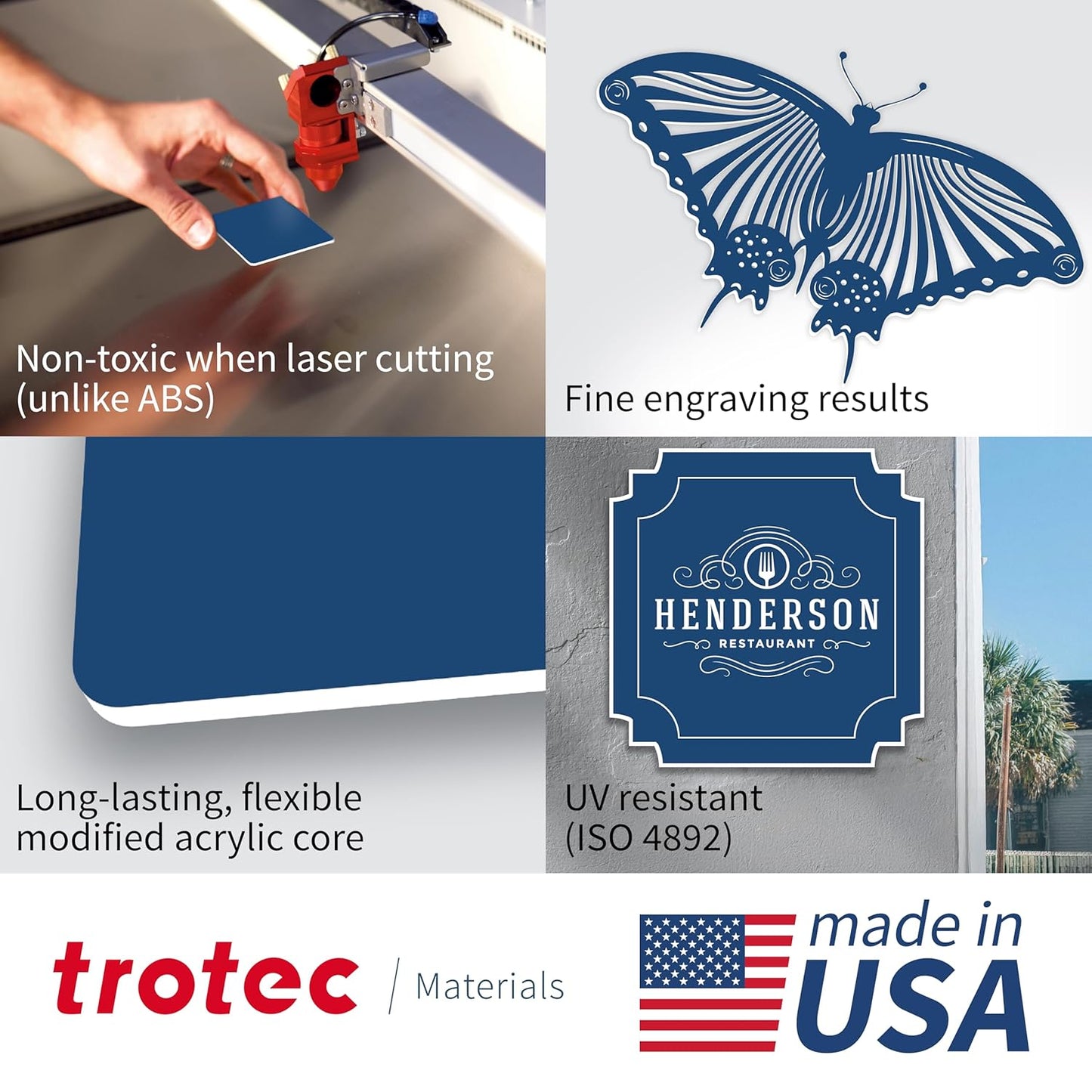 Trotec TroLase | 12"x24"x1/16", 4 Pcs | Sapphire/White | 2 Ply | Modified Acrylic | Laser Engraving Double Color Plastic Sheet | Engraving Blanks for Laser, Saw, Guillotine | Made in USA