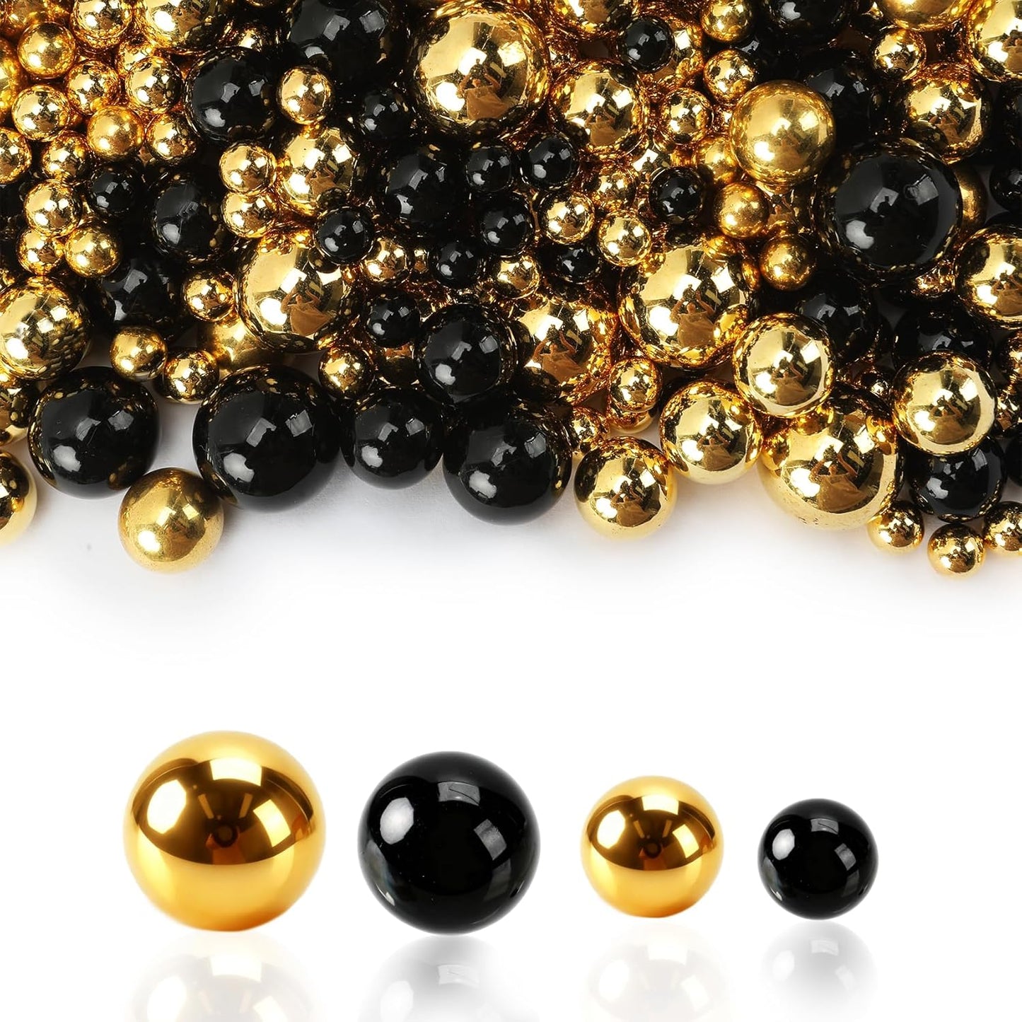 Pearl Beads No Hole Pearls for Crafting 180 Pcs Fake Pearls Faux Pearls for DIY Crafts Jewelry Making Vase Filler Floating Candle Wedding Birthday Party Home Decorations (Black & Gold, 8/10/14/20mm)