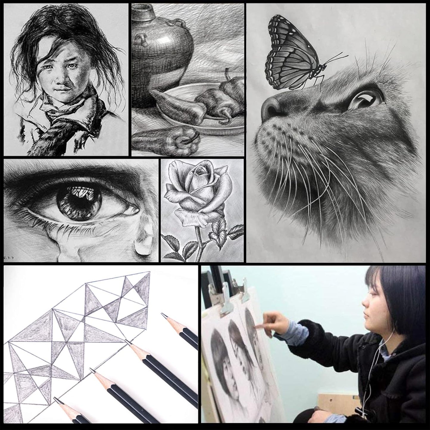 31 Drawing Sketching Pencils Kit, Portable Artist Supples Travel Case Set has Graphite, Charcoal, white color pencil, Blending Stump, gift for Adults Beginners for Drawing Sketch