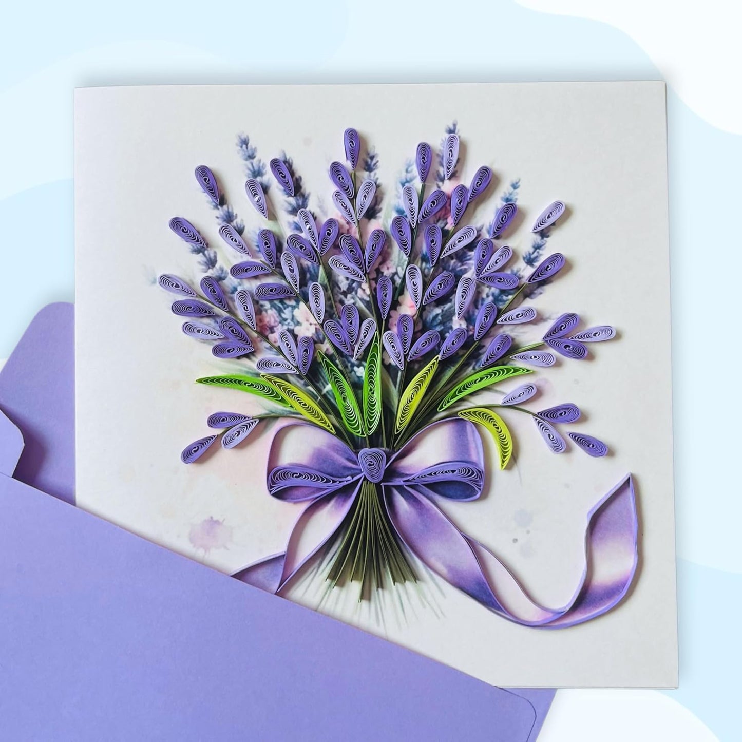 Quilling Cards, handmade card, quilled cards with Dedicated Paper Handmade Art for all occasions: Mother's day, Father's day, Birthday... Lavender flowers bouquet