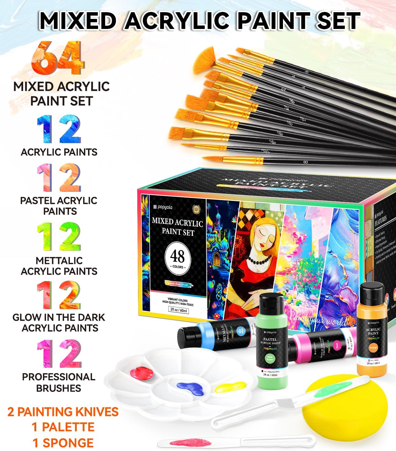 64 PCS Classic & Pastel & Metallic & Glow in the Dark Acrylic Paint Set with 12 Brushes, 2 Knives & Palette, 48 Colors Art Craft Paint for Beginners, Halloween Pumpkin Canvas Ceramic Rock Painting Kit