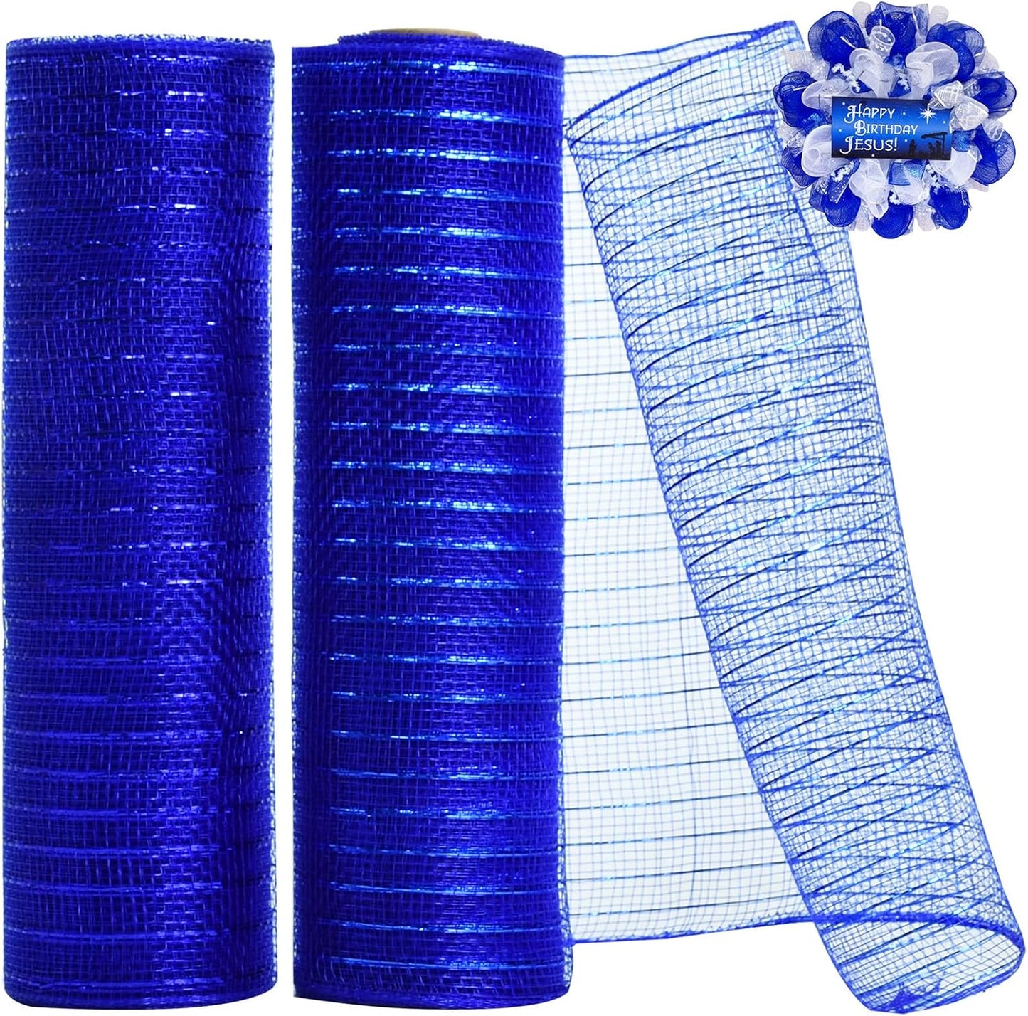 TONIFUL 2 Rolls 10 Inch Blue Decorative Mesh Ribbbon Rolls, Fabric Mesh with Foil for Wreath Supplies, Front Door Wreath Crafts Tree Decor Christmas NewYears Halloween Decoration (10 yds/roll)