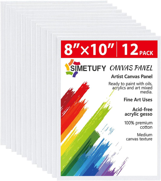Simetufy 12 Pack 8x10 Canvas Boards for Painting, Blank Flat Canvas Panels Art Painting Supplies - Gesso Primed 100% Cotton for Acrylic Oil Watercolor Tempera Paint