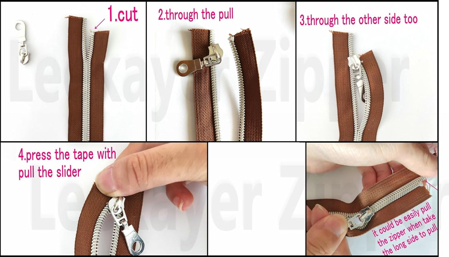 Leekayer #5 Antique Brass Metallic Nylon Coil Zippers by The Yard Bulk 10 Yards with Ring Pulls(Brown Tape with 25pcs Brass Sliders for DIY Sewing Tailor Craft Bag(Brown)