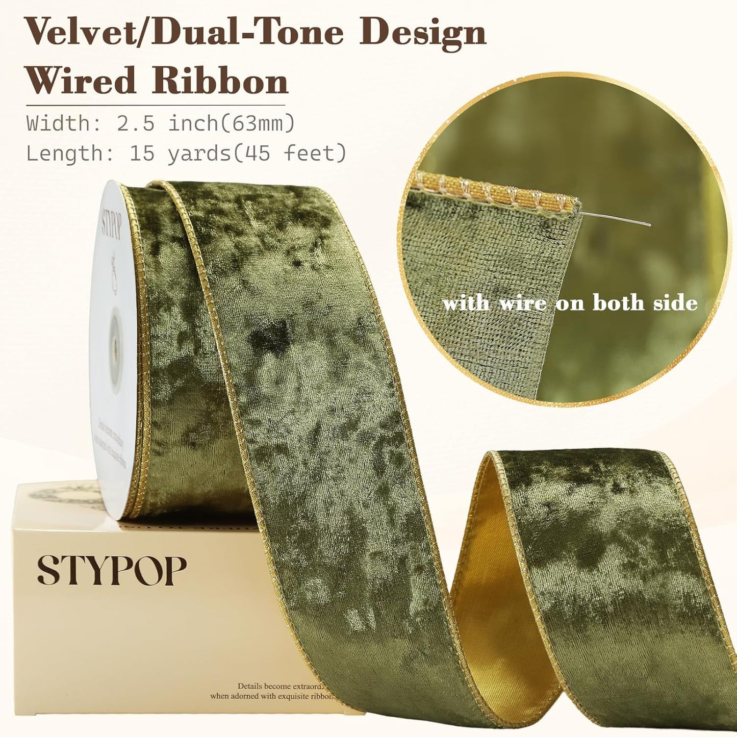 Olive Green Christmas Velvet Ribbon Wired (2.5" × 15 Yards) - Christmas Ribbon for Christmas Tree Decoration/Gift Wrapping/Crafts Wreaths Supplies