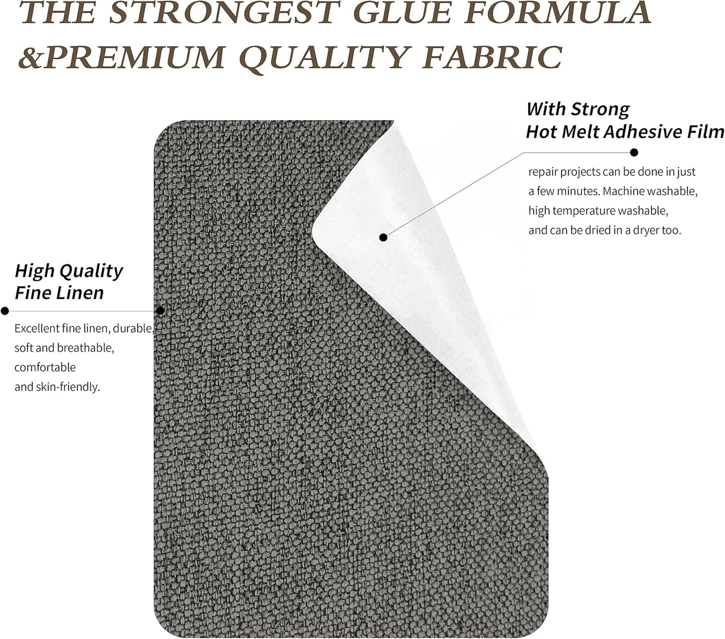 King Mountain Premium Linen Fabric Iron-on Repair Patch Kit, 3"x60" with Backing Glue, Decorative Patch for Inside & Outside Fabric Repair (Linen, Grey Coffee)