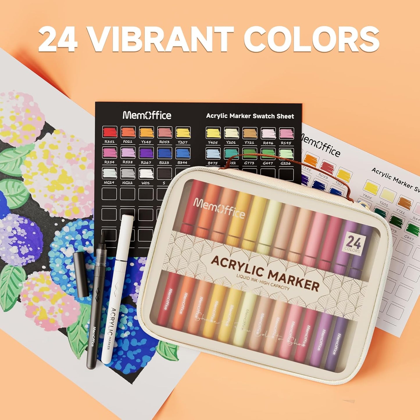 MemOffice Direct Liquid Acrylic Paint Markers, 24 Colors Brush Tip Pens with Carrying Case, No Bleed, Waterproof, for Rock, Wood, Canvas, Glass, Fabric, DIY Crafts for Adults & Kids