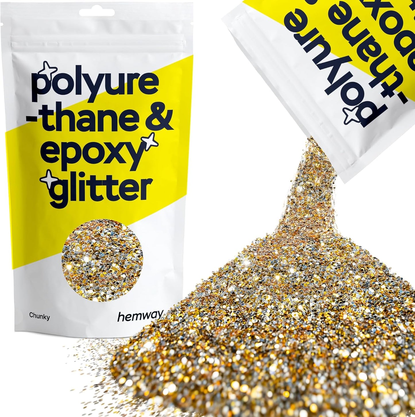 Hemway Polyurethane & Epoxy Resin Glitter 100g / 3.5oz Metallic Crystal Flake Additive for Flooring Jewelry Tumblers Glass Pigment - Chunky (1/40" 0.025" 0.6mm) - Gold Silver