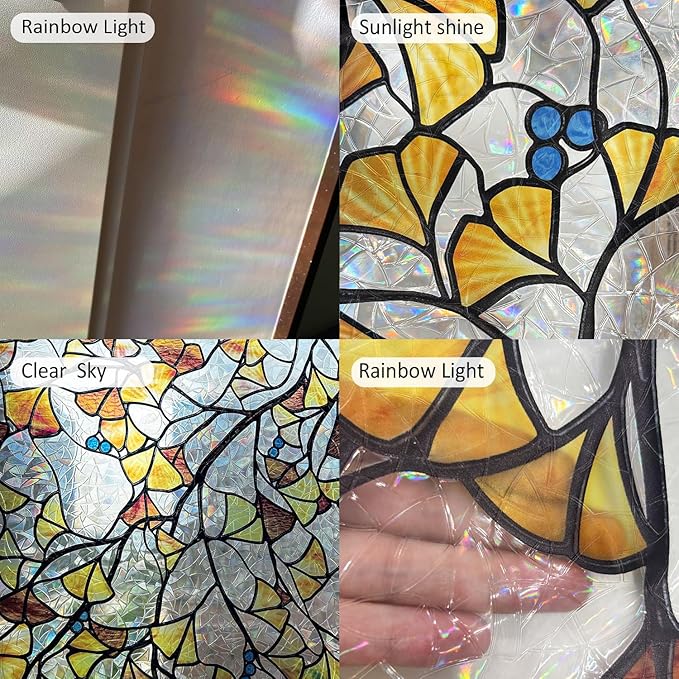 Fall Stained Glass Rainbow Window Privacy Film Autumn Leaf Window Cling, Stained Ginkgo Leaves, 118.11" x 20.87"