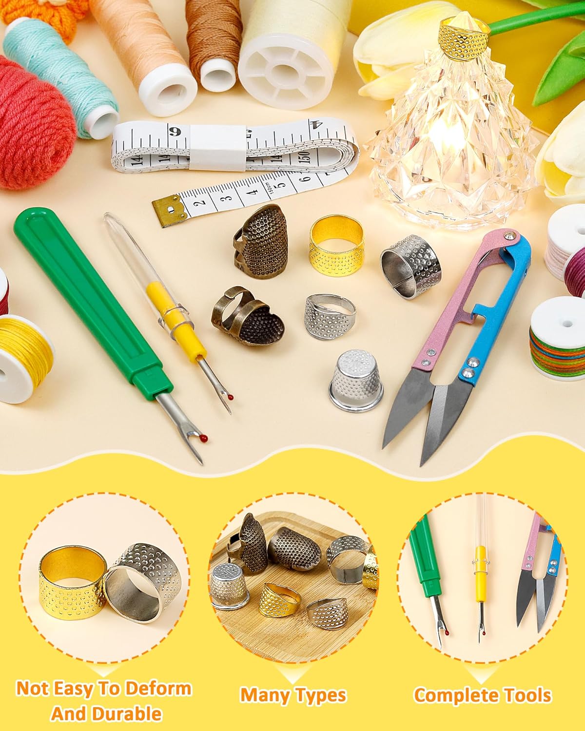 FIVEIZERO Thimble Kit– Sewing Thimbles for Hand Sewing, Metal Finger Protectors, Thimble Ring for Quilting and Embroidery, Includes Seam Ripper, Measuring Tape and Thread Snips