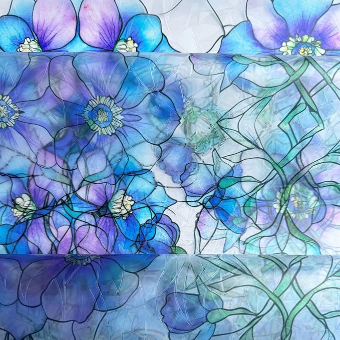 Etched Window Privacy Film Blue Purple Floral Sliding Glass Door Tint No Glue Static Cling Decals 3D Rainbow Decorative Covers Iridescent Anti UV Removal DIY Home Office,35X78.7in.