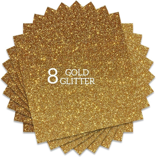 Gold Glitter HTV Heat Transfer Vinyl Bundle 8 sheets-12 x12 Iron on Vinyl for T Shirts Hats Clothing Compatible with Cricut Cameo Heat Press Machine