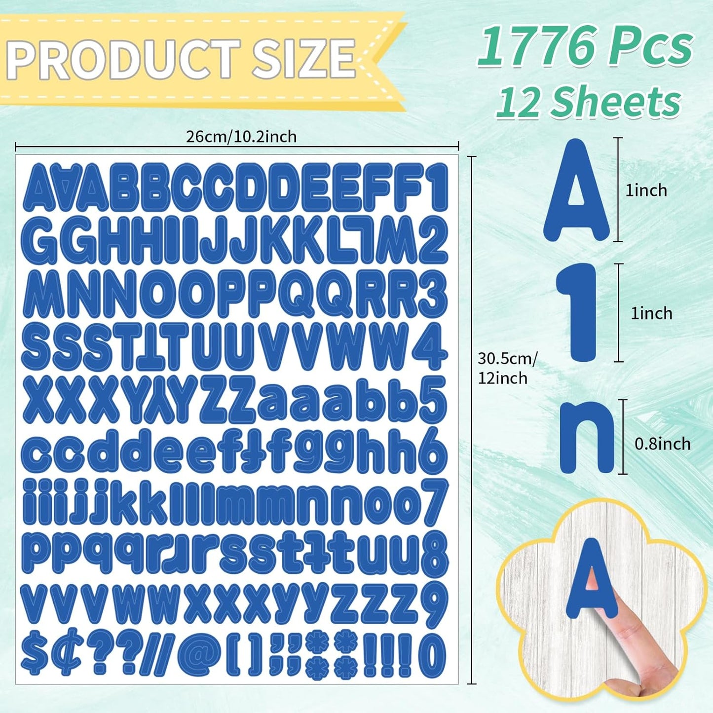 Alphabet Stickers, 1''Inch 12 Sheets Blue Letter Stickers Self-Adhesive Vinyl for Mailbox Numbers, Bulletin Boards & Home Decor