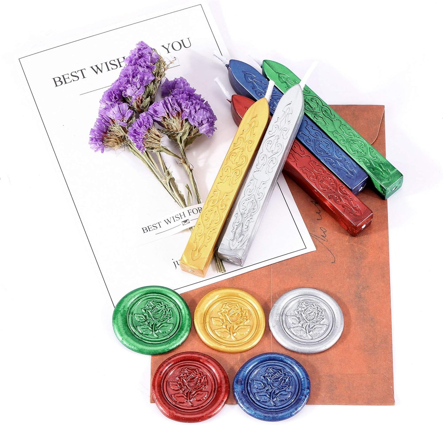 Yoption 5 Colors Sealing Wax Sticks, Vintage Totem Fire Manuscript Wax Seal Sticks with Wicks for Wax Seal Stamp (Gold+Silve+Red+Green+Blue)