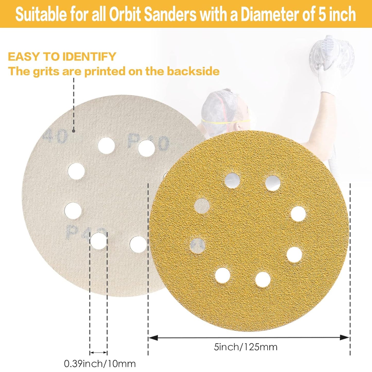 100PCS 5 Inch 8 Hole Sanding Discs 800 Grit,Gold Round Hook and Loop Sandpaper for Random Orbital Sander