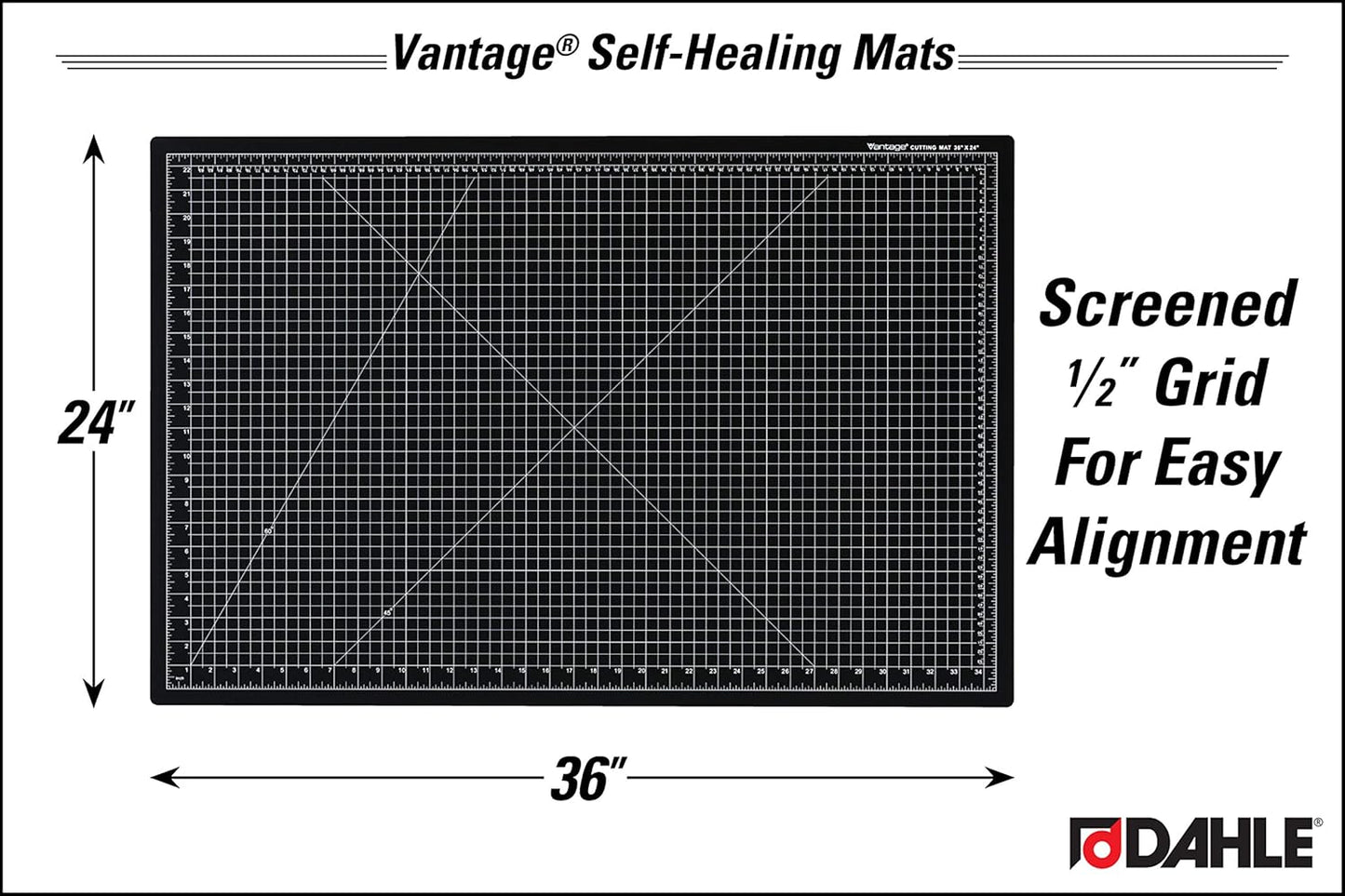 Dahle Vantage 10673 Premium Self-Healing Cutting Mat, 24"x36", 1/2" Grid, 5 Layers for Max Healing, Perfect for Crafts & Sewing, Black