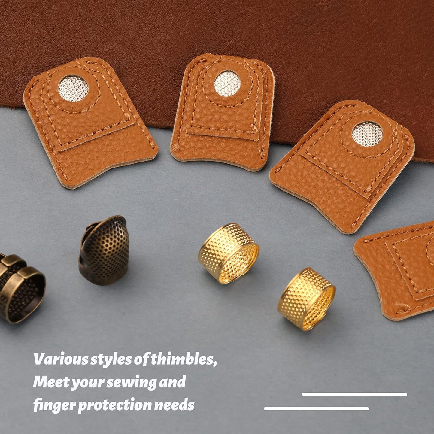 8 Pcs Hand-Working Sewing Thimble, Adjustable Metal Finger Protectors for Sewing, Leather Thimbles for Hand Quilting, Thimbles for Hand Sewing, Sewing Needles, Hand Embroidery Craft