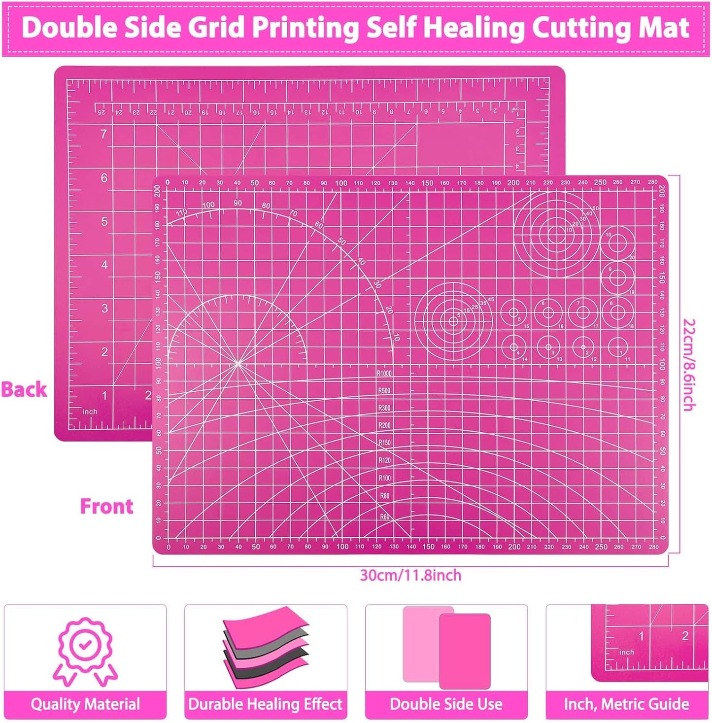 Rotary Cutter and Mat Set, Audab Self Healing Sewing Mats Shirt Cutter 45mm Fabric Cutter Wheel with 2 Blades Rotary Cutting Mat for Crafts Fabric Quilting Hobby (9" x 12" (A4)