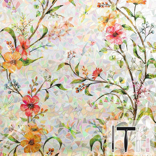 NINETREX Window Privacy Film,Stained Glass Window Film,Rainbow Decorative Stickers Static Cling Anti UV Heat Control for Home Decor (Galsang Flower,35.4 x 157.4inch)