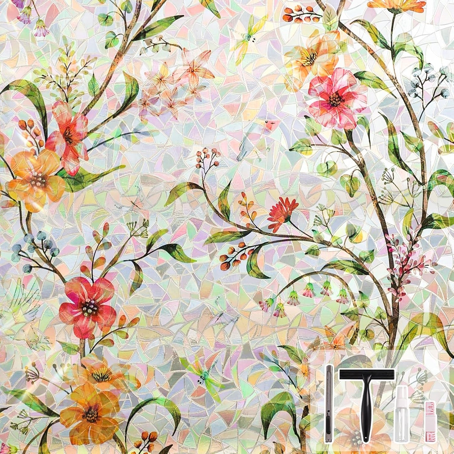 NINETREX Window Privacy Film,Stained Glass Window Film,Rainbow Decorative Stickers Static Cling Anti UV Heat Control for Home Decor (Galsang Flower,17.5 x 78.7inch)