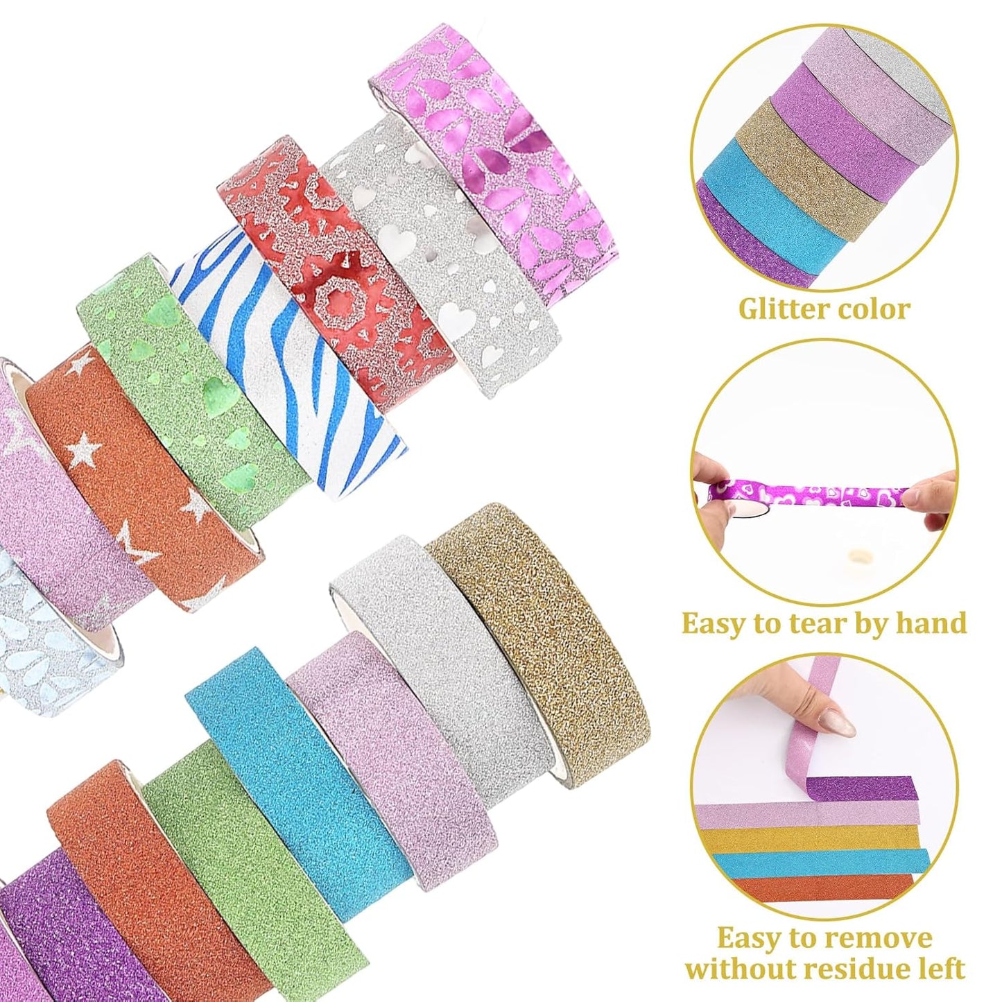26 Rolls Glitter Washi Tape, Colored Masking Tape Set, 5mm/15mm Decorative Tape for DIY Art Crafting Scrapbooking Journaling Gift Packaging