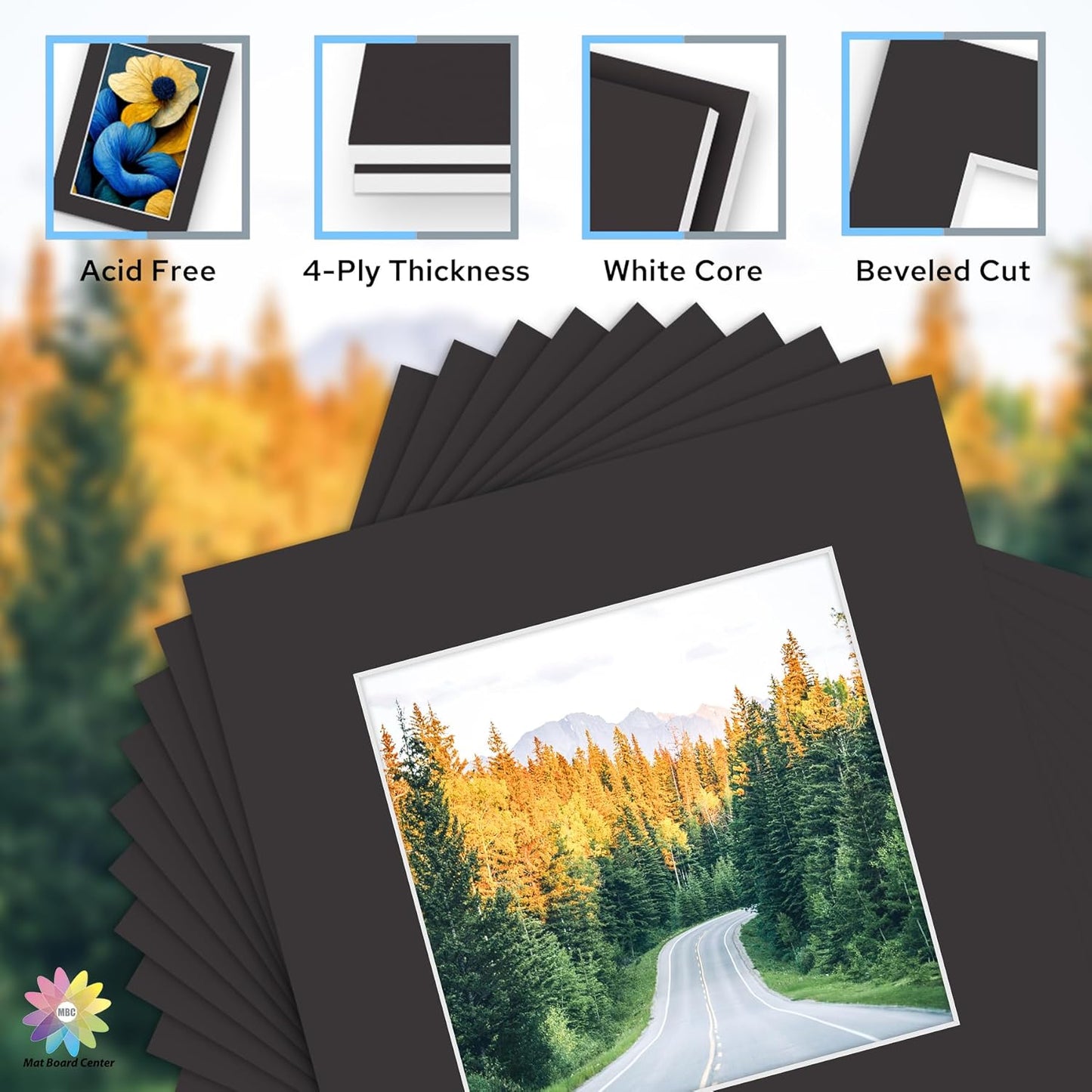 Mat Board Center, Pack of 10, 12x12 for 8x8 Black Mat Kit - Acid Free, 4-ply Thickness, White Core - Includes Backing Boards and Clear Bags - for Pictures, Photos, Framing