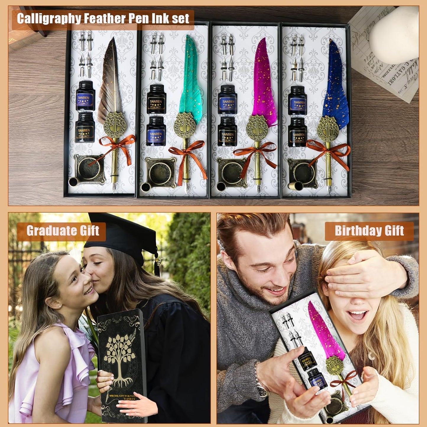 Feather Pen and Ink Set,quill pen ink set,Antique Calligraphy Pen with 4 Replaceable Nibs,2 Bottle of ink,Pen Holder Christmas Gift for Men&Women.(Gray)