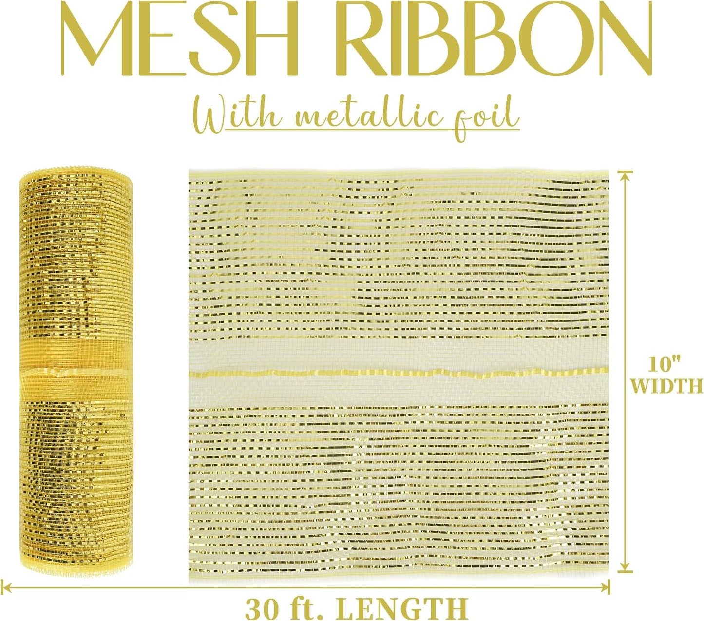 MEEDEE Gold Deco Mesh 10 Inch Deluxe Wide Foil Metallic Pull Up Mesh Yellow Gold Decorative Mesh Ribbon for Christmas Tree, Wreaths, Garland, Gift Wrapping, Bows Making (30 Feet)