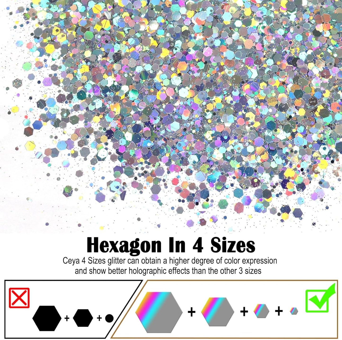 Ceya Holographic Chunky Glitter, 4.9oz/ 140g Silver Craft Glitter Powder Mixed Chunky Fine Flakes Iridescent Nail Sequins for Nail Art, Hair, Epoxy Resin, Tumblers, Slime, Painting, Festival Decor