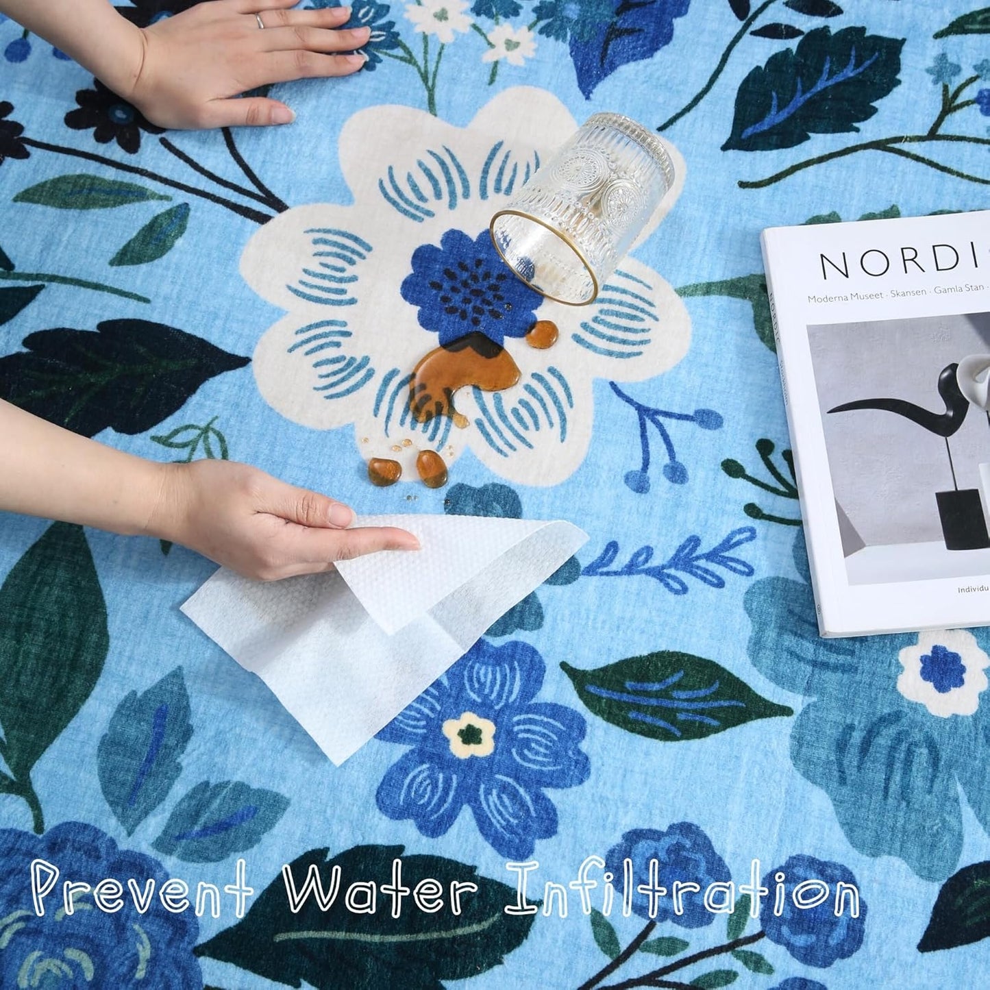 Rugcomf Bedroom Rug 3x5 Rug Washable Area Rug Non Slip Low Pile Boho Floral Small Carpet for Bedroom, Bedside, Kitchen, Entryway, Kids Room, Office, College Dorm Essentials for Girls(Blue)