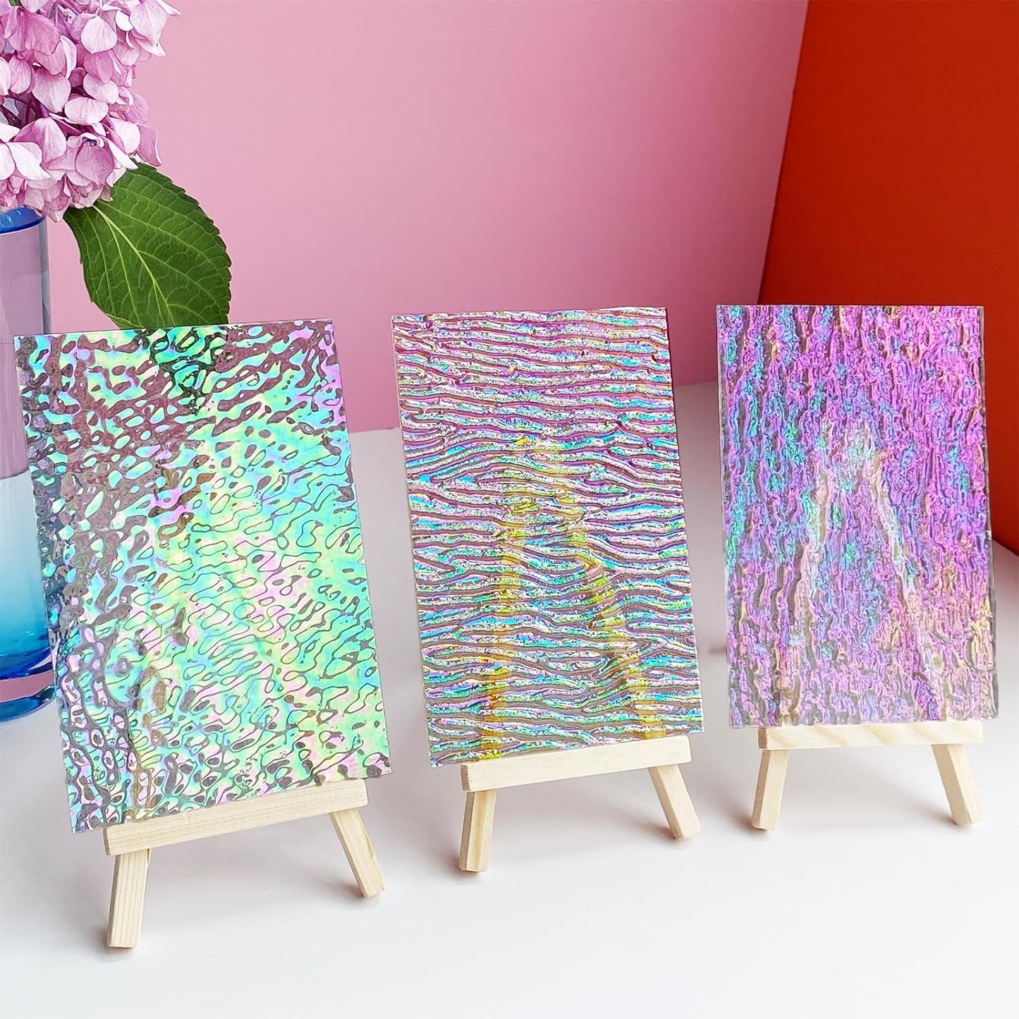 ILLUCKAI 12 Sheets Clear Textured Stained Glass Sheet, 4 x 6 inch Rainbow Iridescent Cathedral Art Glass Variety Textures, Stained Glass Supplies for Stained Glass Projects and Mosaic Crafts