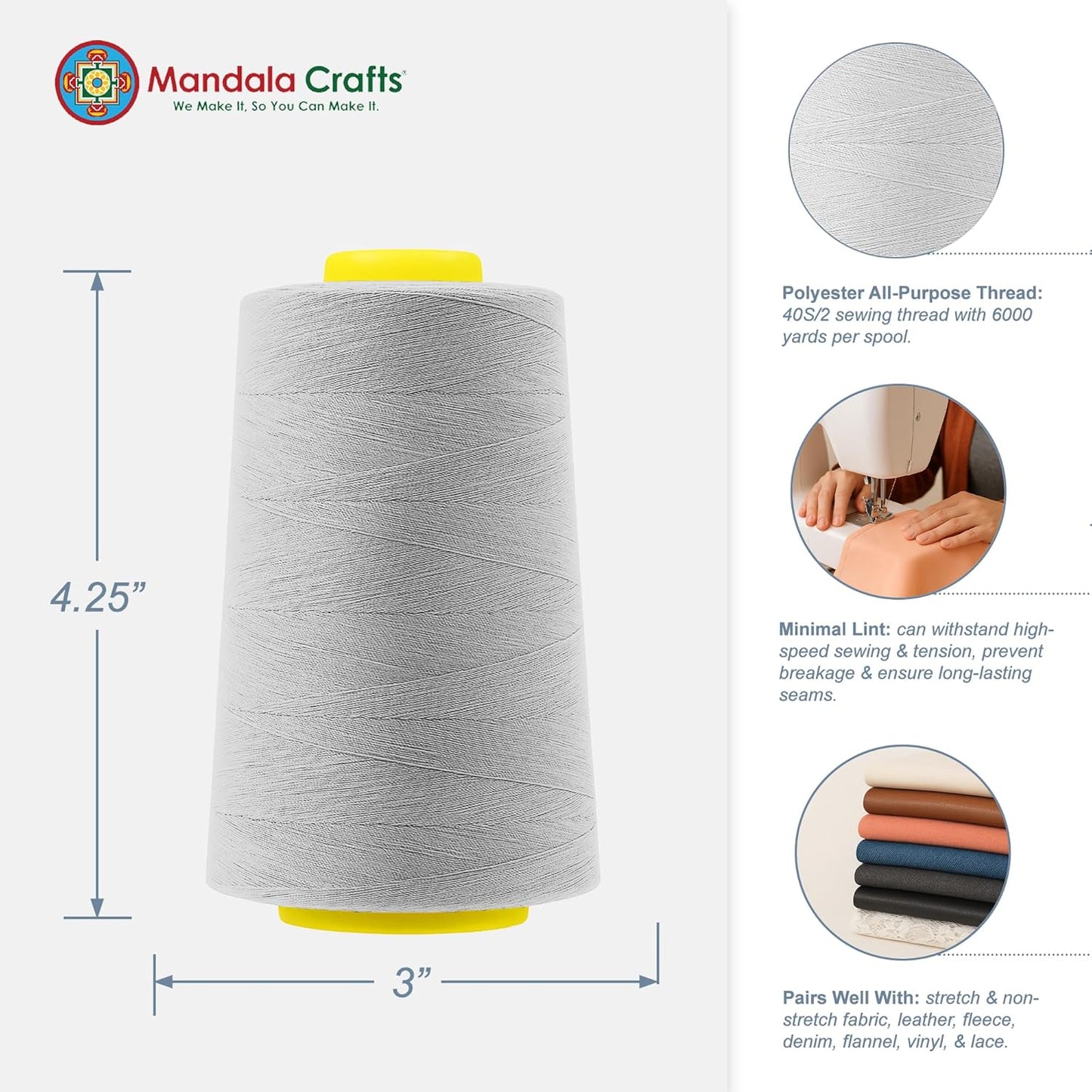 Mandala Crafts 4 Pack of Serger Threads Cones Spools - 40S/2 24000 Yards Polyester Silver Gray Threads for Sergers Machine and Overlock Quilting Sewing Machine