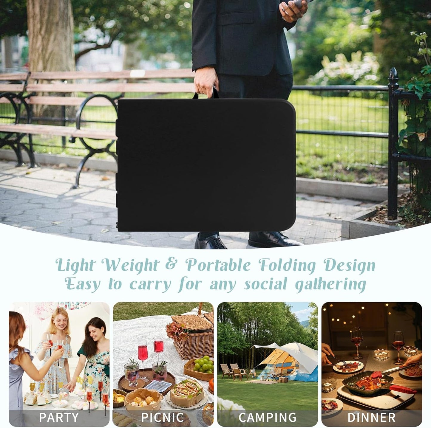 2 Pack 6 FT Folding Tables Black Foldable Table, Fold-in-Half with Carrying Handle Portable Plastic Rectangular Table for Party, Dining, Wedding, Camping, Picnic, Indoor Outdoor Events