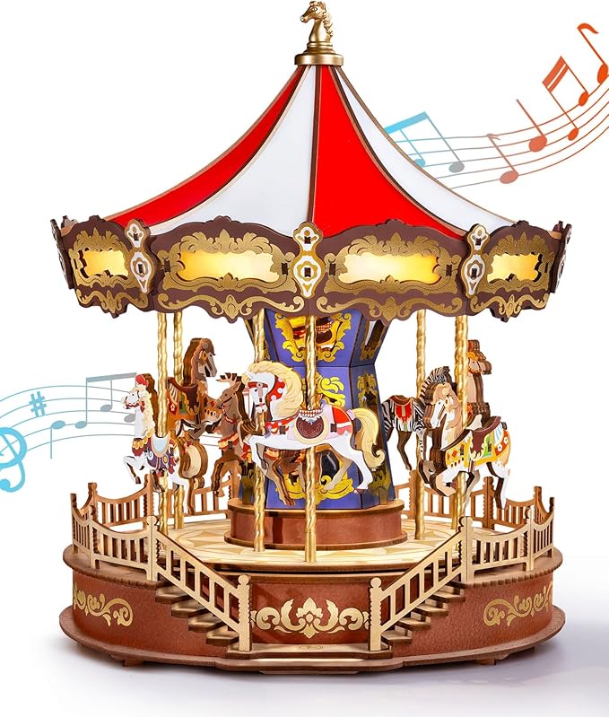 Rolife Wooden 3D Puzzles for Adults, DIY Carousel Music Box with Chaser Lights 11.6" Model Building Kit, Construction Project Craft Kits for Adults Hobby Home Decor Chiristmas Gifts for Boys Girls