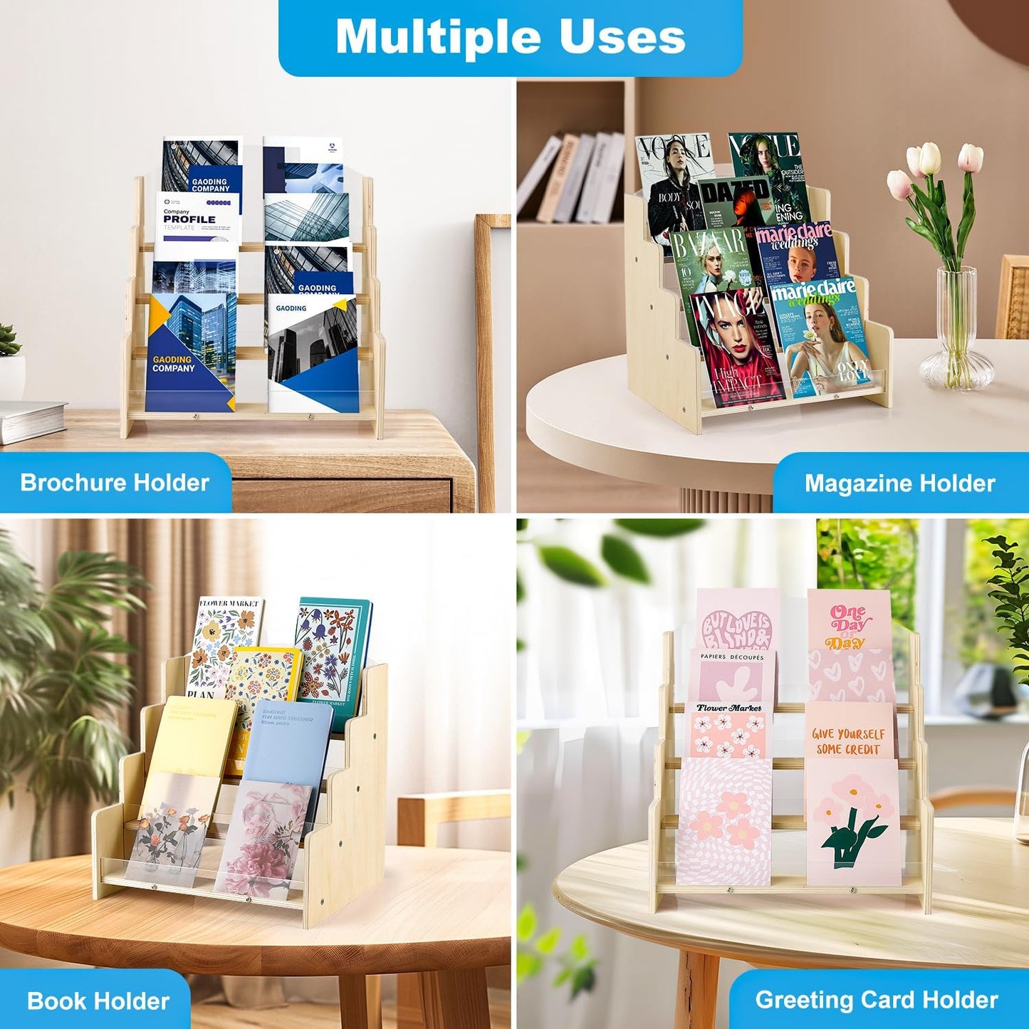 Greeting Card Display Stand , Acrylic Sticker Display Holder for Vendors, Counter Retail Display Rack , 4-Tiered Wooden/Acrylic Display stand for postcard /Brochure/Photos/Picture