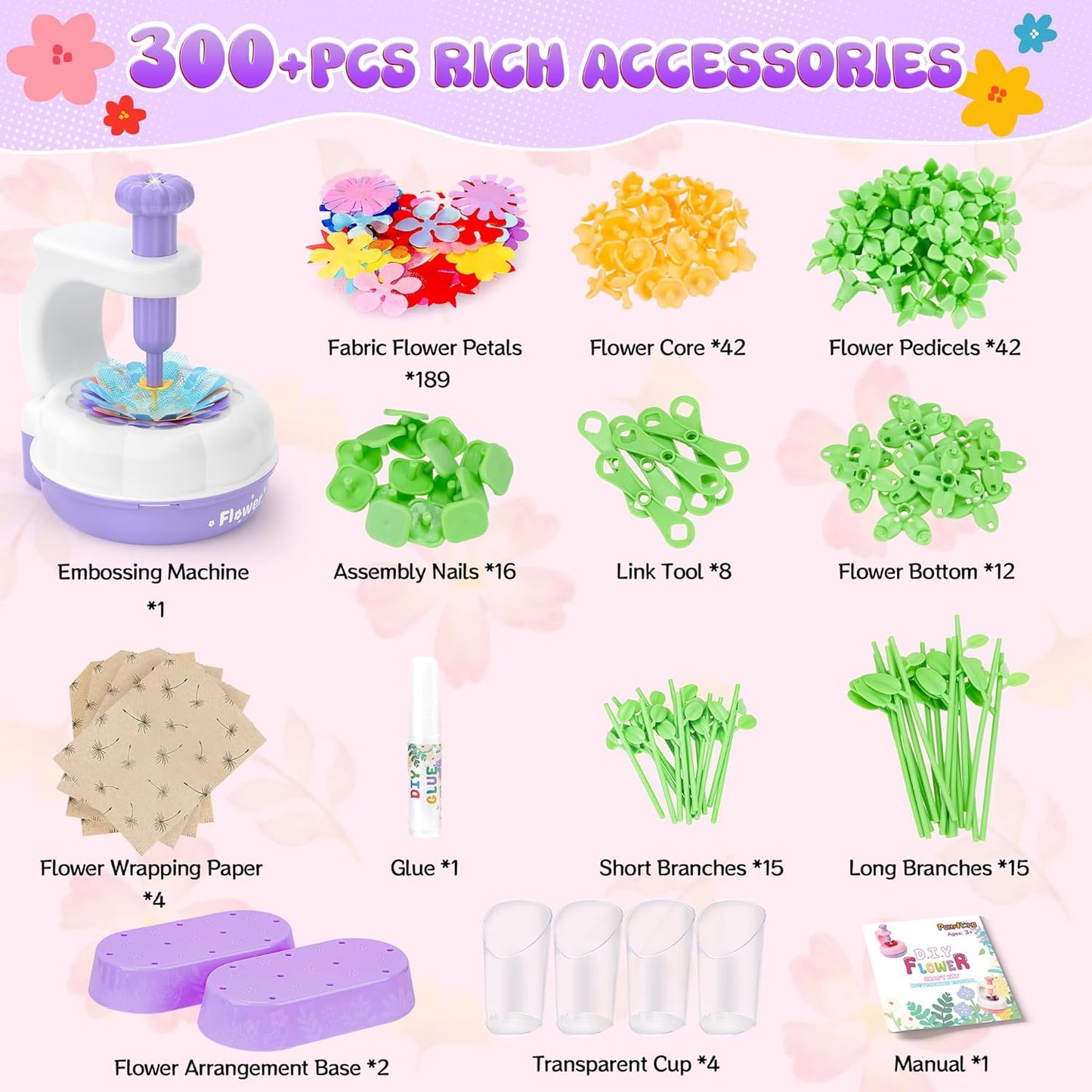 GirlsHome 300+PCS Fabric Flower Bouquets Toys, DIY Flower Crafts Kits for Kids, Arts and Crafts for Kids Ages 6-8 Girls, Build Flower Bouquet, STEM Educational Toy Preschool Gifts (White Purple)