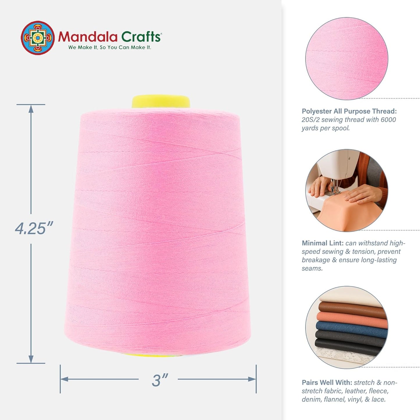 Mandala Crafts 4 Pack of Serger Threads Cones Spools - 20S/2 24000 Yards Polyester Baby Pink Threads for Sergers Machine and Overlock Quilting Sewing Machine