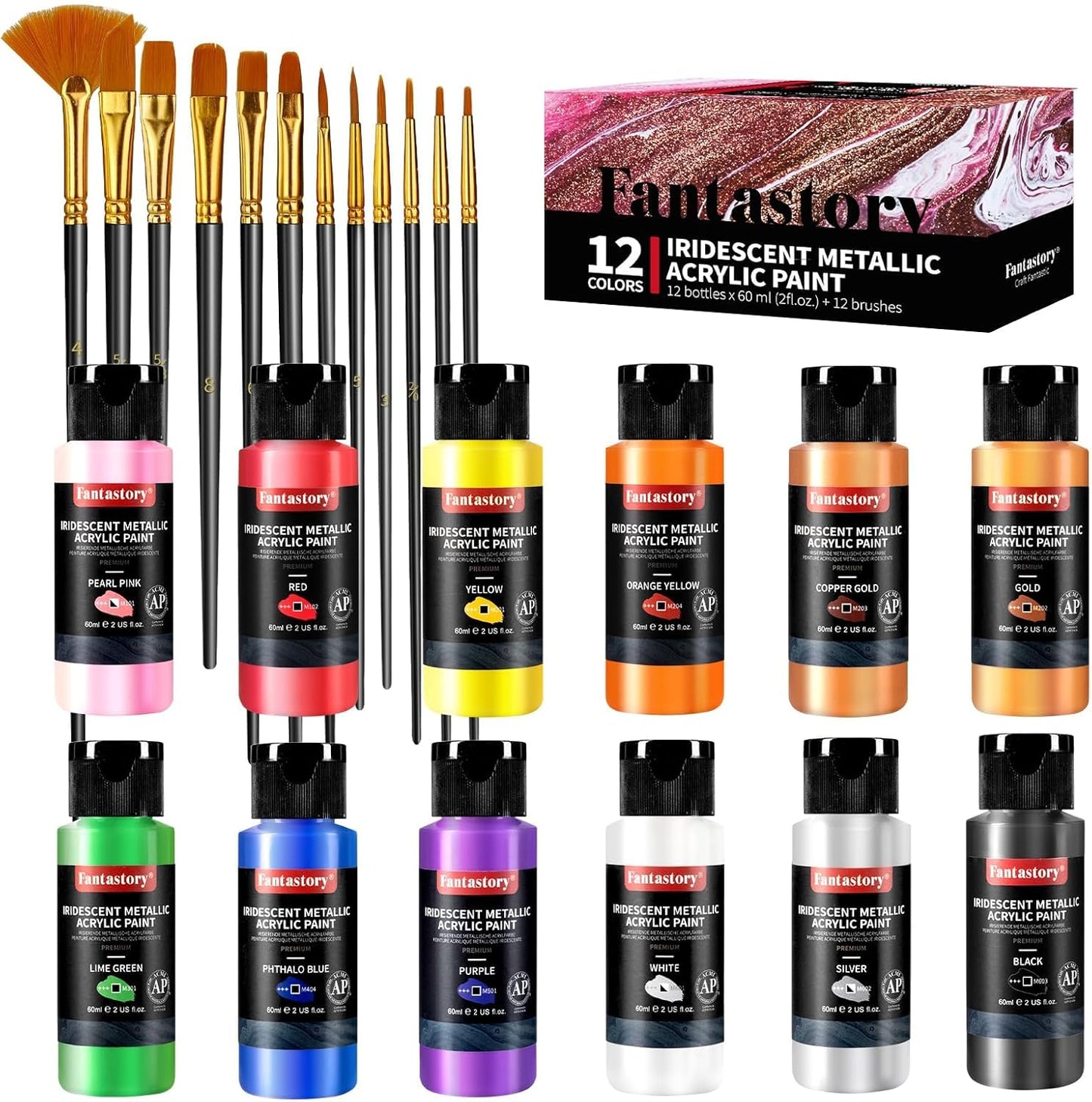 Fantastory Metallic Iridescent Acrylic Paint Set with 12 Brushes, 12 x 2oz Metallic Colors, Color-Shifting, Craft Paint Kit, Metal/Canvas/Rock/Stone/Ceramic/Model/Wood Painting [Balanced Series].