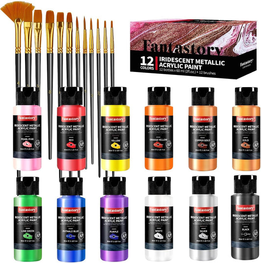 Fantastory Metallic Iridescent Acrylic Paint Set with 12 Brushes, 12 x 2oz Metallic Colors, Color-Shifting, Craft Paint Kit, Metal/Canvas/Rock/Stone/Ceramic/Model/Wood Painting [Balanced Series].