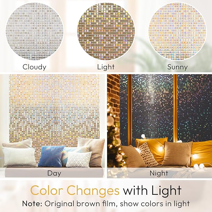 rabbitgoo Window Privacy Film Stained Glass Window Film, Mosaic Rainbow Decorative Glass Cling, Removable Static Cling Tint, Non-Adhesive Privacy Covering for Home, Brown, 17.5 x 78.7 inches