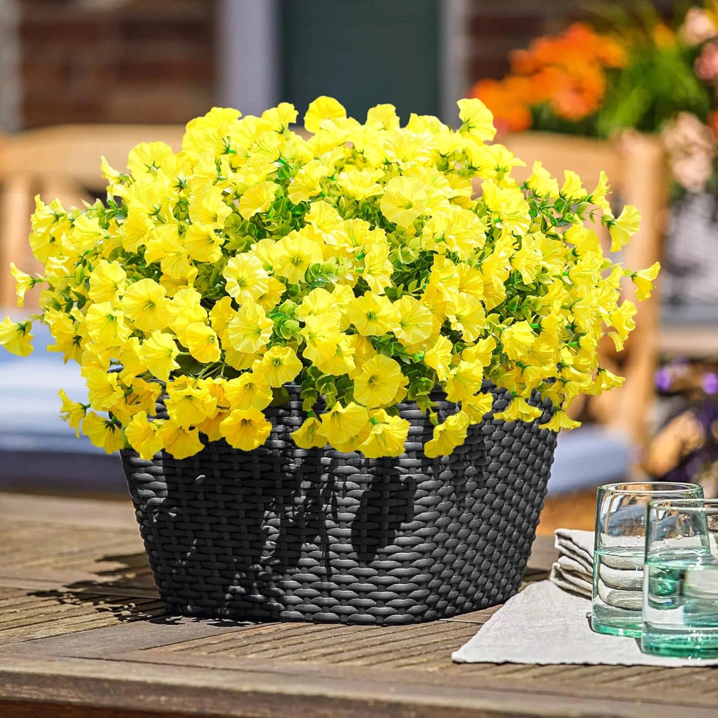 Fake Mums Fall Artificial Flowers Plants for Outdoors Autumn Decoration, 12 Bundles Yellow Silk Morning Glory with Eucalyptus Realistic UV Resistant Faux Flowers for Outside Planter Yard Garden Porch