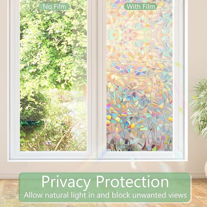HIDBEA Window Privacy Film Static Clings, Rainbow Window Film, 3D Decals Non-Adhesive Window Vinyl Film for Home Door, 29.5 Inch x 13.1 Feet