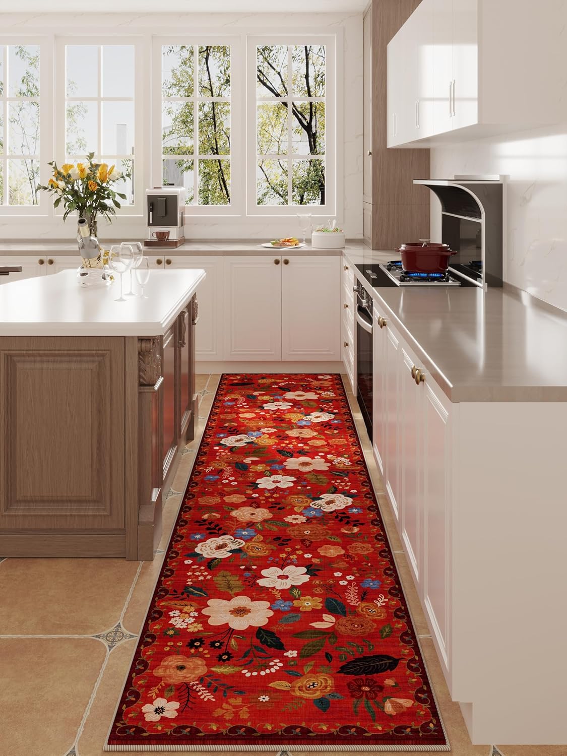 Rugcomf Runners for Hallways Kitchen Runner Rug Non Slip 2'x 10' Long Washable Rugs with Rubber Backing Soft Floral Carpet Runner for Hallways, Kitchen, Laundry, Bedroom, Bathroom(Red)