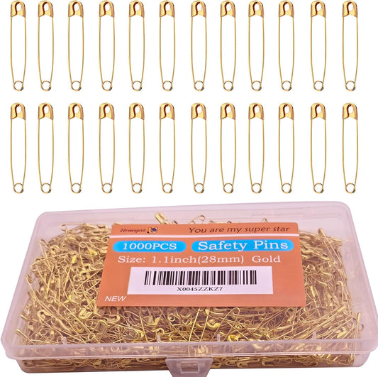 1000PCS Safety Pins, 1.1 inch Small Safety Pins, Rust-Resistant Nickel Plated Steel, Sharp Edge Safety Pin for Clothes, Sewing, 28mm Decorative Safety Pins Assorted (Gold)